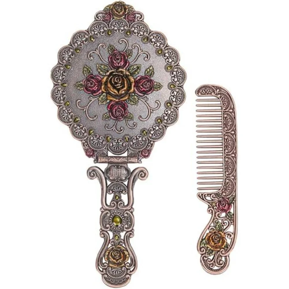 Vintage Metal Antique Rose Style Handheld Makeup Mirror Set - Folding Round
